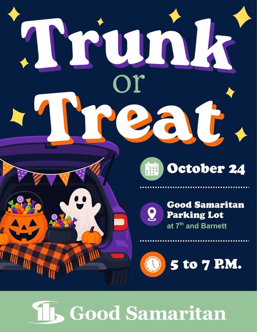 May be an image of text that says 'Trunk or Treat October 24 O Good Samaritan Parking Lot at 7th and Barnett O to 5to7P 7 P.M. Good Samaritan'